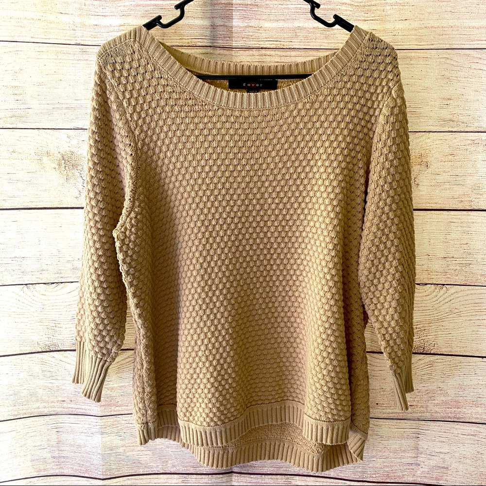 Fever Textured Knit Sweater XL Beige Cream Boatneck 3/4 Sleeve Cozy Minimalist